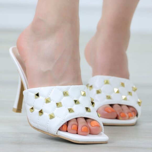 White High Heel Sandals Square Open Toe Slip On Mules Stiletto's - Picture 11 of 11